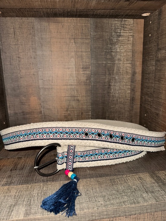 Accessories - Boho Woven Tassel Belt in Cream and Blue size 17